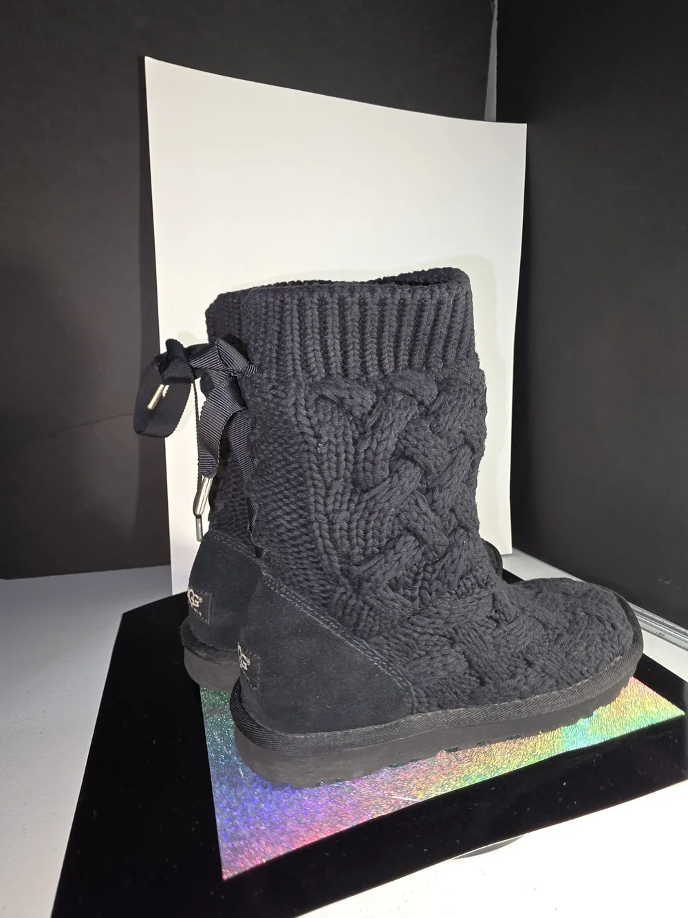UGG Australia Isla Black Cable Knit Mid-Calf Winter Boots Size 6